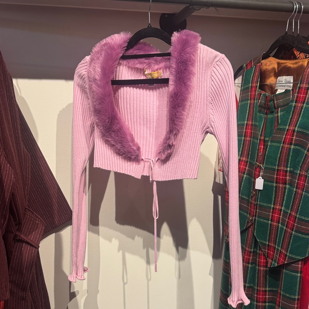 Urban Outfitters Lavender Cropped Cardigan with Purple Fur Trim